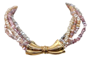 Vintage 1981 Napier Goldtone Faux-Mother of Pearl Beaded Bow Necklace