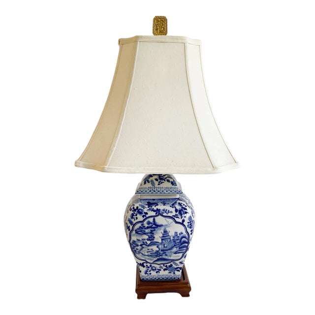 Vintage 1920s Chinese Blue and White Ginger Jar Lamp With Shade For Sale