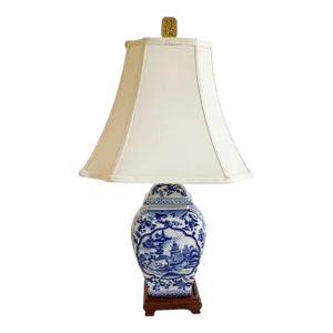 Vintage 1920s Chinese Blue and White Ginger Jar Lamp With Shade