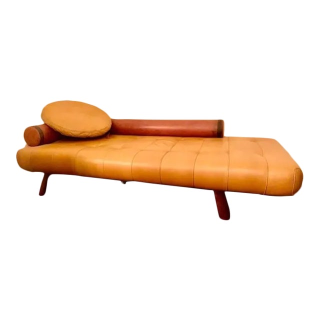 Rare Vintage Postmodern Leather & Palmwood Daybed and Ball Pillow by Pacific Green, C1990s For Sale