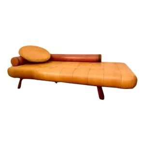 Rare Vintage Postmodern Leather & Palmwood Daybed and Ball Pillow by Pacific Green, C1990s