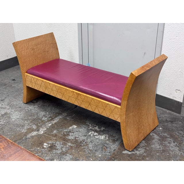 Custom Design Birdseye Maple + Leather Bench For Sale - Image 10 of 12