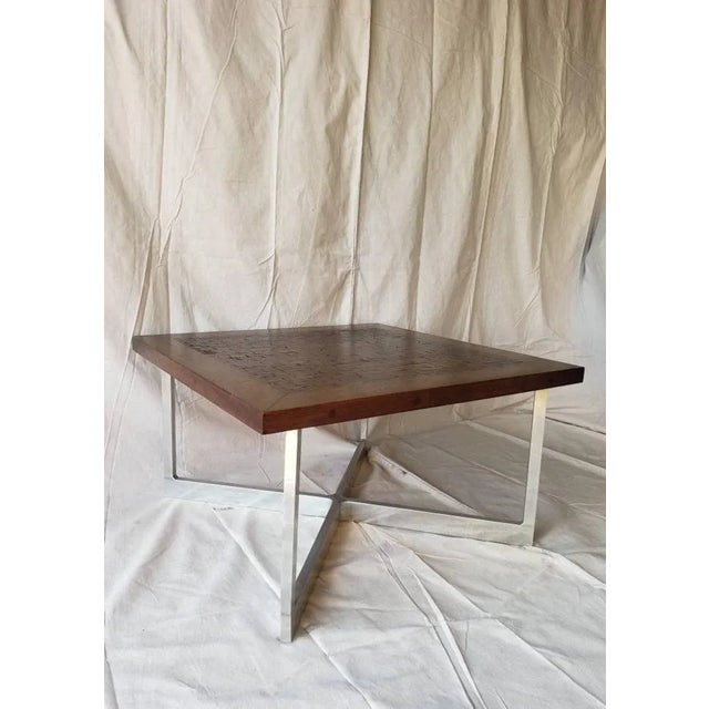 Milo Baughman Style Industrial Modern Walnut End Grain Mosaic Chrome X Frame Coffee Table For Sale - Image 9 of 11