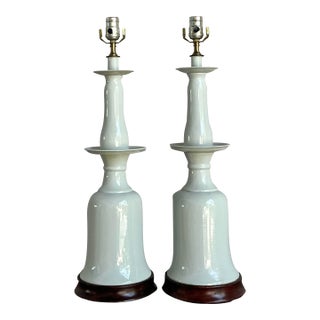 Vintage Regency Glazed Ceramic Bell Lamps - A Pair For Sale