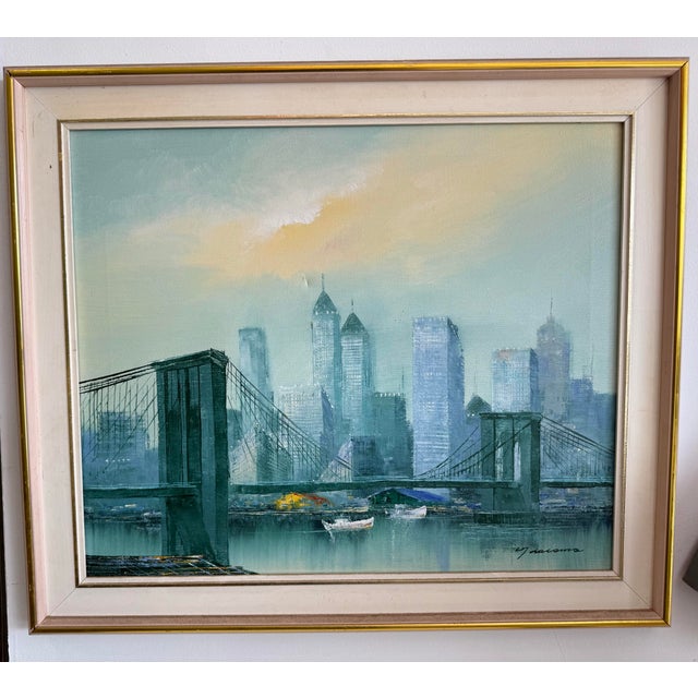 Blue Vintage Midcentury Brooklyn Bridge Cityscape Signed Giacomo For Sale - Image 8 of 11