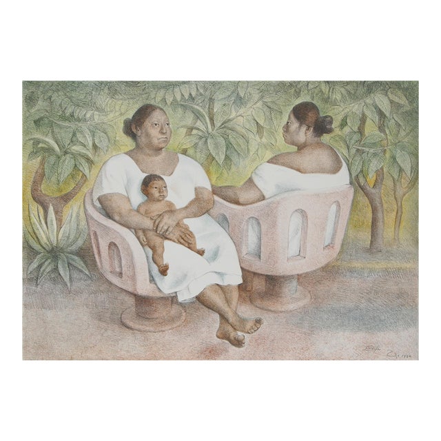 Yucatecas en La Parque, Signed Latin American Folk Art Lithograph by Francisco Zuniga For Sale