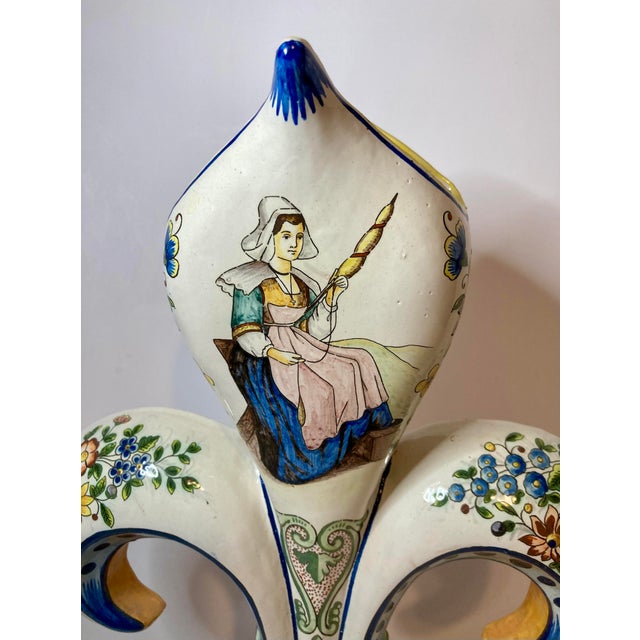 Ceramic Antique Large Pair of French Hb Quimper Fleur De Lys Vases For Sale - Image 7 of 18