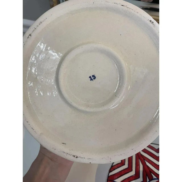 Offered is a modern transitional style decorative bowl with lid. This hand painted piece features a red and navy chevron...