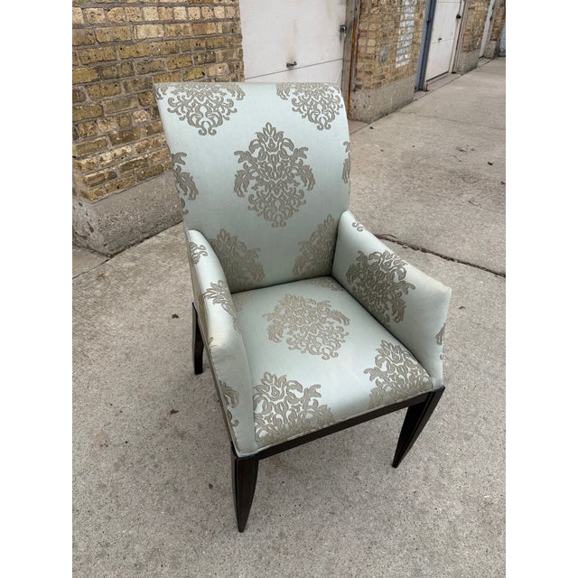 Dessin Fournir Modern Damask Upholstered Werth Dining Arm Chairs- A Set of 7 For Sale - Image 11 of 14