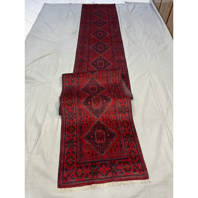 Art Deco Long Red and Navy Tribal Medallion Runner Rug, 2'7" X 18'5" For Sale - Image 3 of 15