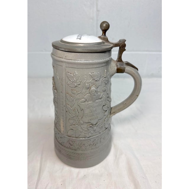 Large Antique 1800's German Pottery Porcelain Pewter Lidded Beer Stein Mug For Sale - Image 4 of 13