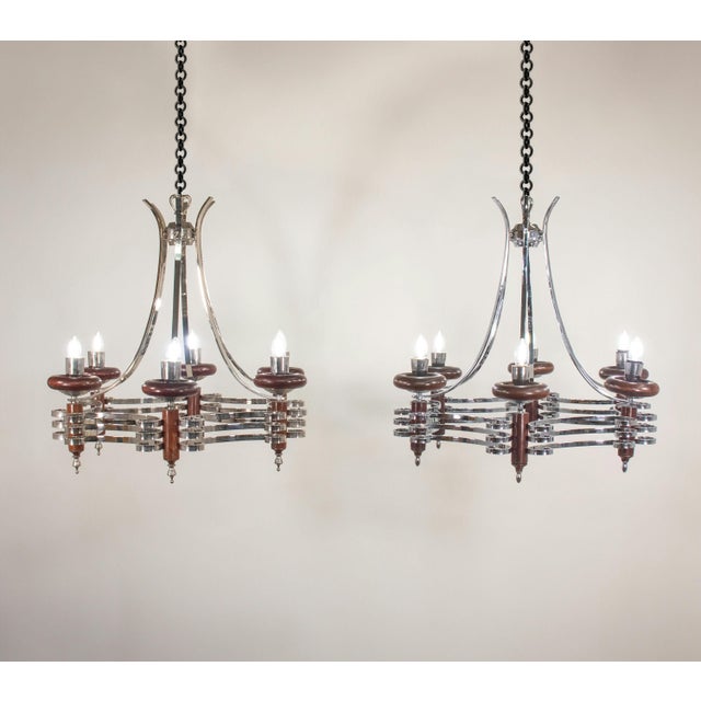 Mid-Century Modern Pair of Mid-Century Italian Chrome and Wood Chandeliers For Sale - Image 3 of 12