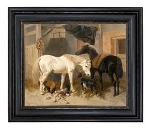"Horses, Goat and Chickens in Barn" "Horses, Goat and Chickens in Barn" Contemporary Reproduction Print on Canvas, Framed 21" X 25"