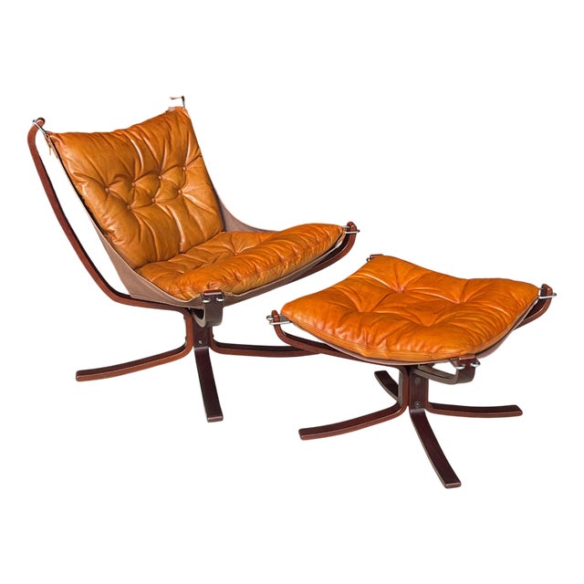 Falcon Chair and Ottoman in Tan Leather by Sigurd Ressell for Vatne Mobel, Set of 2 For Sale