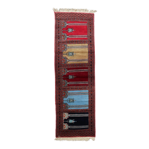 1960s, Vintage Uzbek Bukhara Multi-Niche Prayer Runner 1.1' X 6.1'