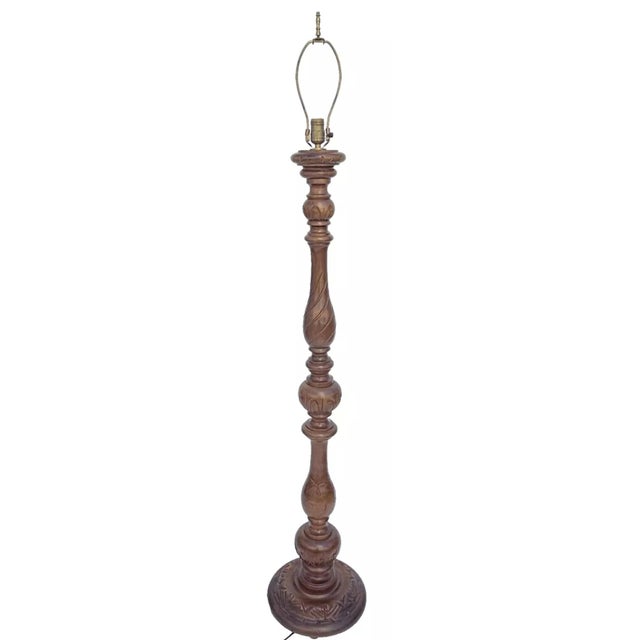 Wood Antique 1920s Floor Lamp With Carved Flowers and Spiral Turned Details For Sale - Image 7 of 12