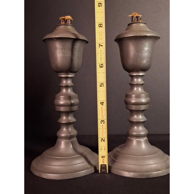 Pair Antique 1840s Freeman Porter Pewter Whale Oil Lamps Westbrook Maine No. 1 For Sale - Image 15 of 17