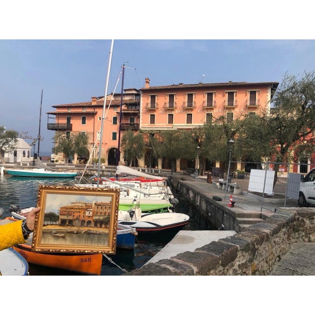 Torri del Benaco Borelli Guido, Hotel Albergo Gardesana Harbor, 1970s, Oil Painting on Canvas For Sale - Image 6 of 13