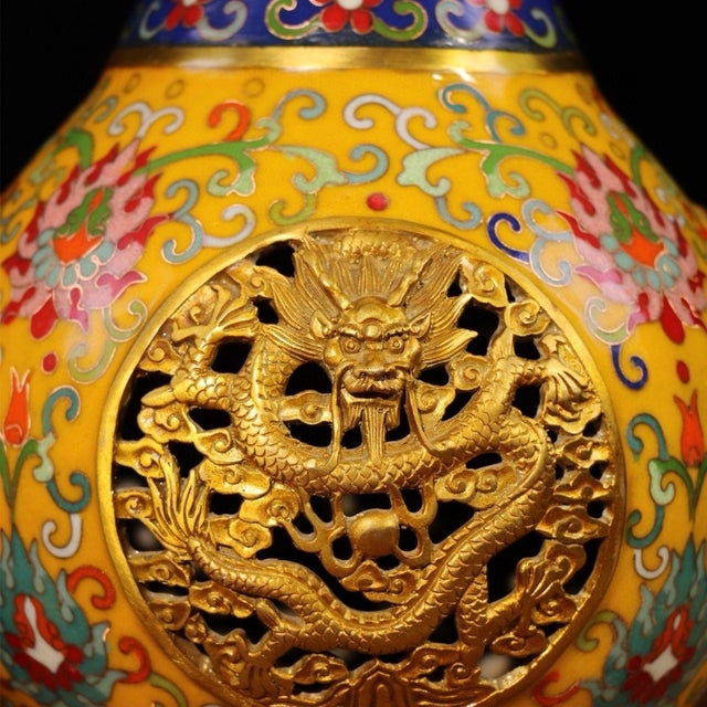 Chinese Monumental Chinese Imperial Style Cloisonné Vase With Gilt Openwork Dragon Panels - 13.5 LBS For Sale - Image 3 of 9