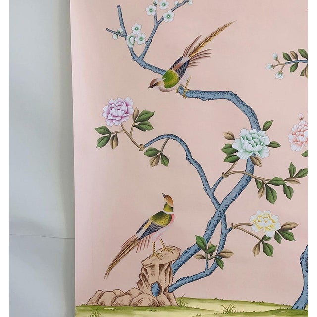 Chinoiserie 30"*30", Hand-Painted Chinoiserie Pink Silk-Paper, Chinoiserie Wall Artwork For Sale - Image 3 of 7