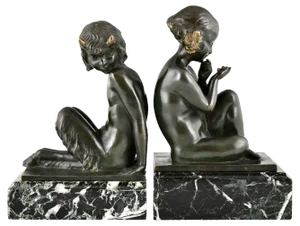 Art Deco Bronze Bookends Faun and Girl with Grapes by Pierre Laurel, 1925, Set of 2