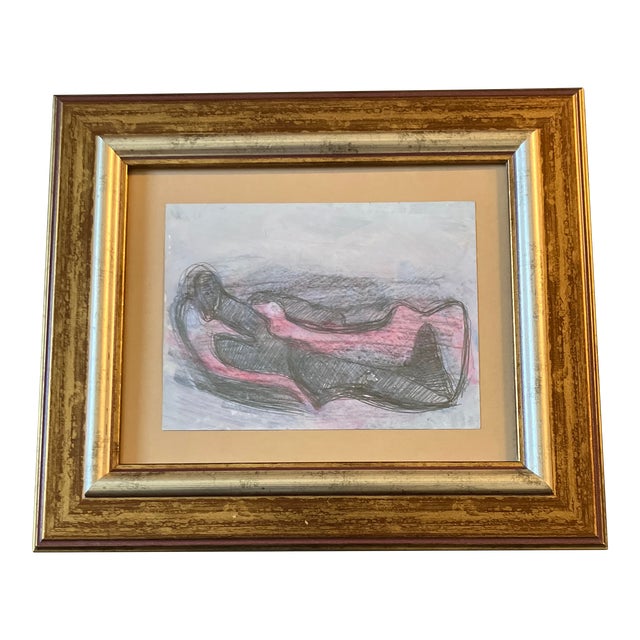 1970’s Vintage Original Abstract Figural Pencil / Watercolor Painting Vintage Frame For Sale