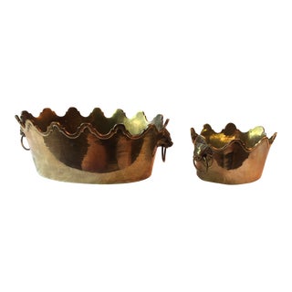 Pair Mid Century Brass Crown Shape Lion Head Planters Cachepots For Sale