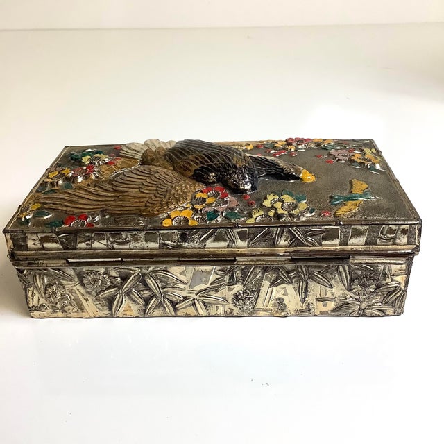 1960s Stunning Japan Ornate Eagle Cast Metal Trinket Box W/Hinged Lid Colored Repousse For Sale - Image 4 of 10