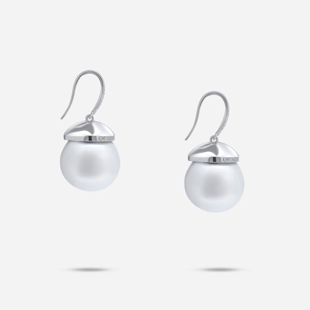 Contemporary South Sea White Pearl Diamond Halo Pave 14 Karat White Gold Hook Drop Earrings, A Pair For Sale - Image 3 of 11