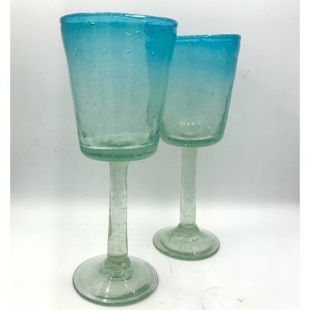 Contemporary Tall Hand Blown Aqua Ombre Art Glass Goblets - A Pair For Sale - Image 3 of 6