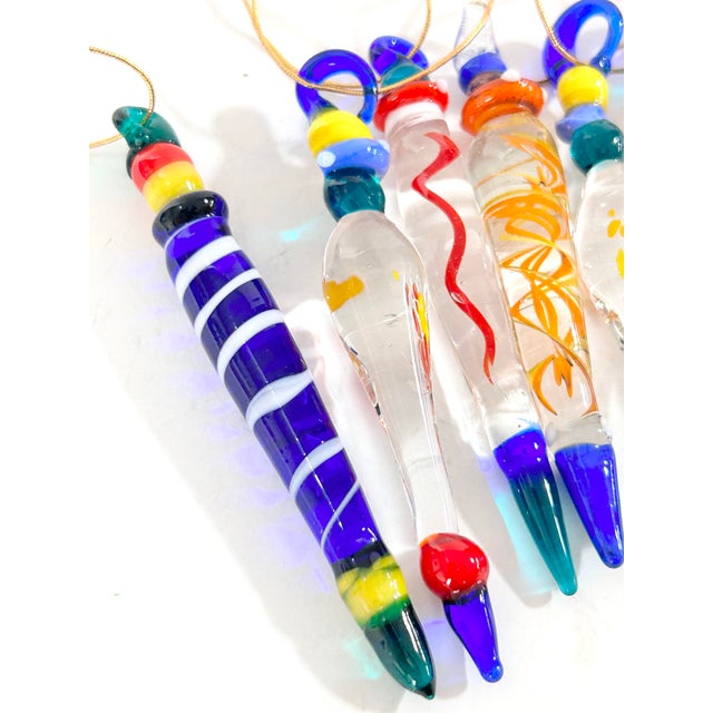 Glass Vintage Handblown Art Glass Icicle Christmas Ornaments, Multicolor Set of 6 For Sale - Image 7 of 8