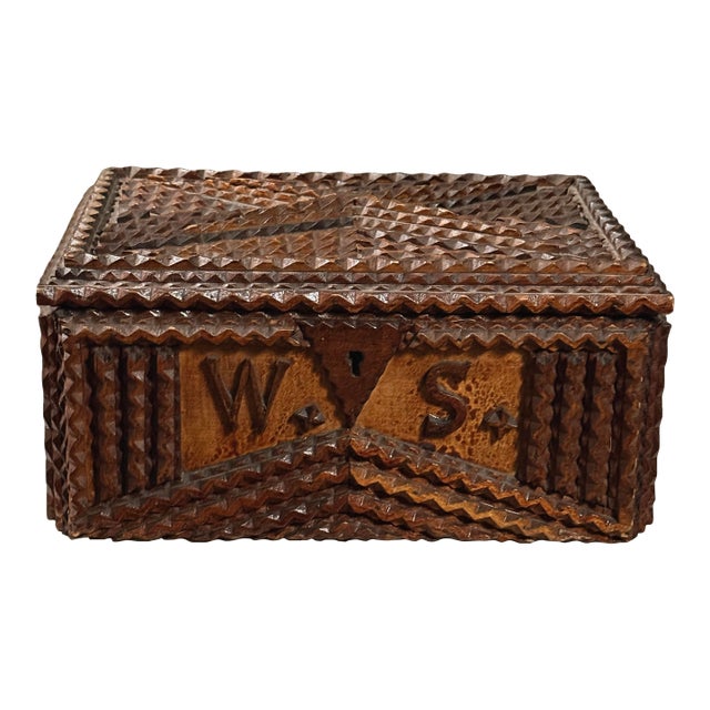 Antique Tramp Art Box With Carved Artist’s Initials For Sale