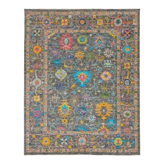 Contemporary Multicolored Floral Oushak Style Wool Rug Handmade in Gray For Sale