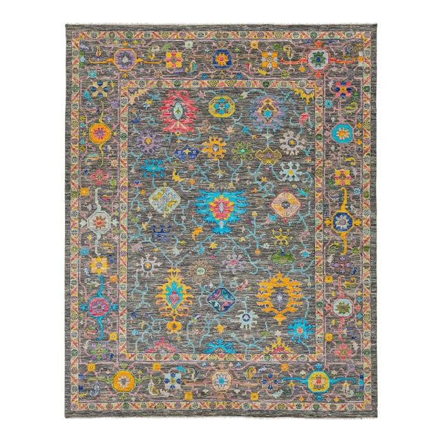 Contemporary Multicolored Floral Oushak Style Wool Rug Handmade in Gray For Sale