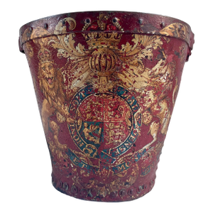 19th-Century English Antique Georgian Red Leather Hand-Decorated Armorial Shield Fire Bucket