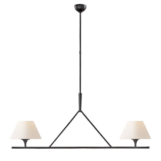 Ian K. Fowler for Visual Comfort Signature Cesta Large Linear Chandelier in Aged Iron with Linen Shades For Sale