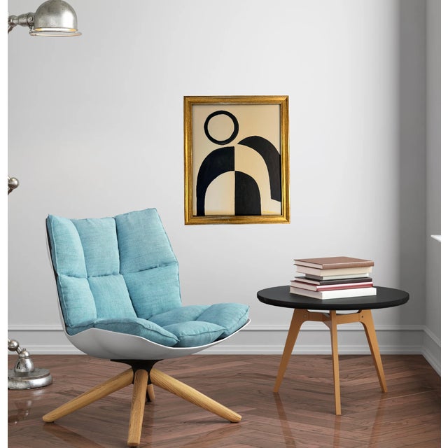Bryan Boomershine, original abstract Mid-Century Inspired Painting in cream and black with a gold frame. This painting...