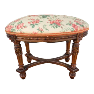 Early 20th Century Antique French Louis the XVI Style Carved Walnut Oval Bench Stool with Floral Linen Romantic Upholstery