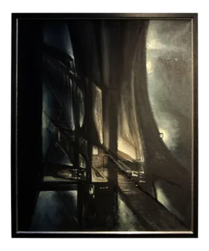 George Dergalis Abstracted Cityscape Night Scene Painting, 1974