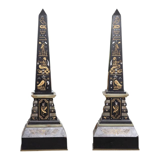 Late 19th Century Pair of Egyptian Revival Inlaid Obelisks For Sale