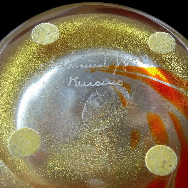 Red Murano Seguso Signed Vintage Red Bands Heavy Gold Flecks Italian Art Glass Decorative Flower Vase For Sale - Image 8 of 9