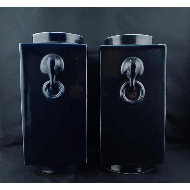 Chinese Republic of China Period Matched Pair of Chinese Porcelain, Midnight Blue, Cong Vases For Sale - Image 3 of 8