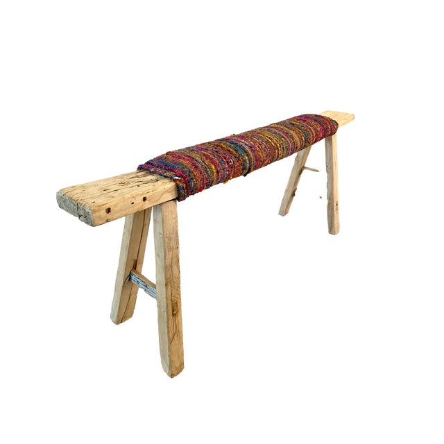 Early 20th Century Vintage Elm Long Bench W/ Upholstered Seat For Sale - Image 5 of 8