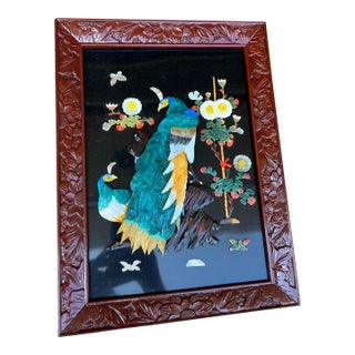 Vintage Chinese Carved Shell and Lacquer Peacock WallHang Artwork, Circa 1950’s For Sale