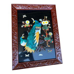 Vintage Chinese Carved Shell and Lacquer Peacock WallHang Artwork, Circa 1950’s