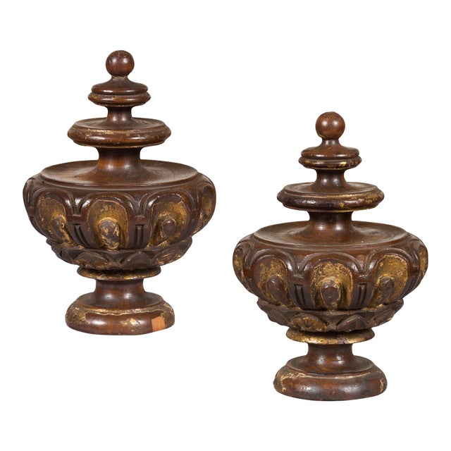 Pair of Italian 1800s Walnut Fragments Carved in the Front, with Lucite Bases For Sale