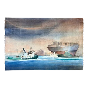 Vintage Tug Boat Watercolor Painting Ships Maritime Art