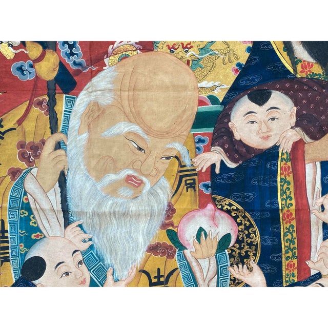 Large Chinese Vintage Canvas Color Ink SanXing (Fu Lu Shou) Painting Art For Sale - Image 9 of 11