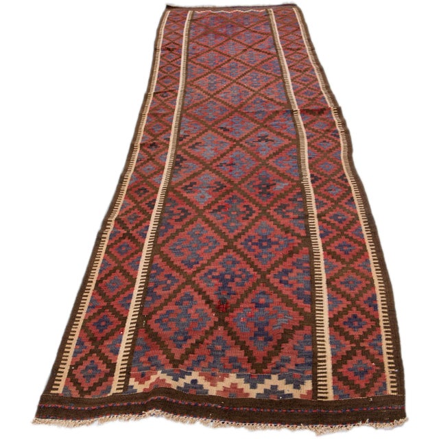 Tribal Mid-20th Century Turkish Kilim Blue Handmade Tribal Wool Runner For Sale - Image 3 of 10