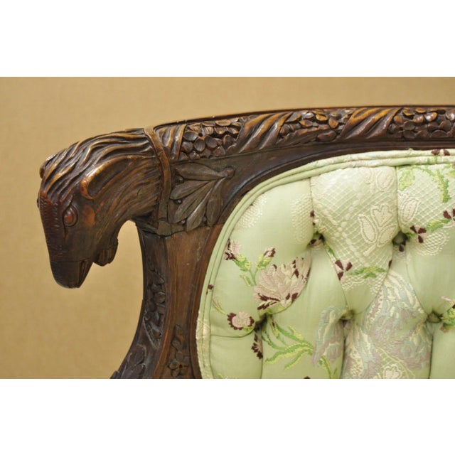Green Antique Italian Renaissance Carved Walnut French Victorian Rams Head Green Sofa For Sale - Image 8 of 18